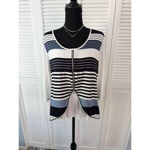 Michael Tyler Top Women's L Boutique Nautical Stripe Abstract Zip Modern Blue